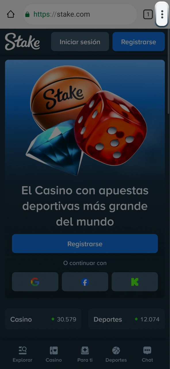 Abrí el menú del navegador en Android para descargar la app de Stake.