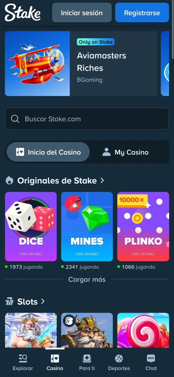 Explorá la sección de juegos y tragaperras en la app de Stake.