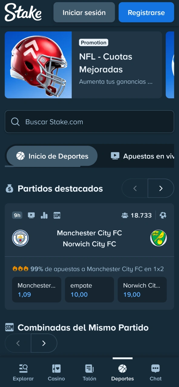 Consultá las cuotas y los eventos deportivos disponibles en la app de Stake.