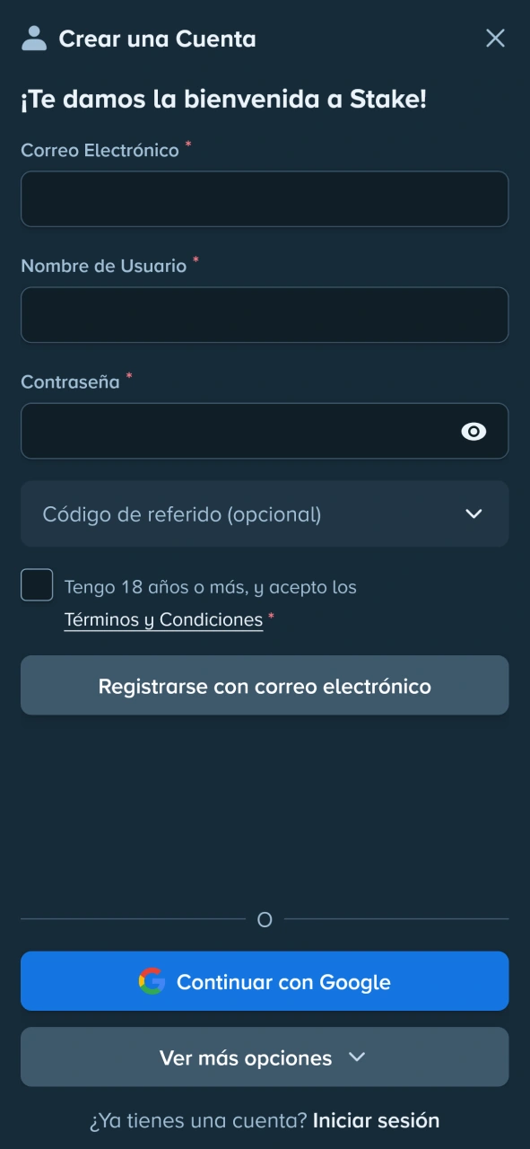 Abrí el formulario para crear una cuenta nueva en la app de Stake.