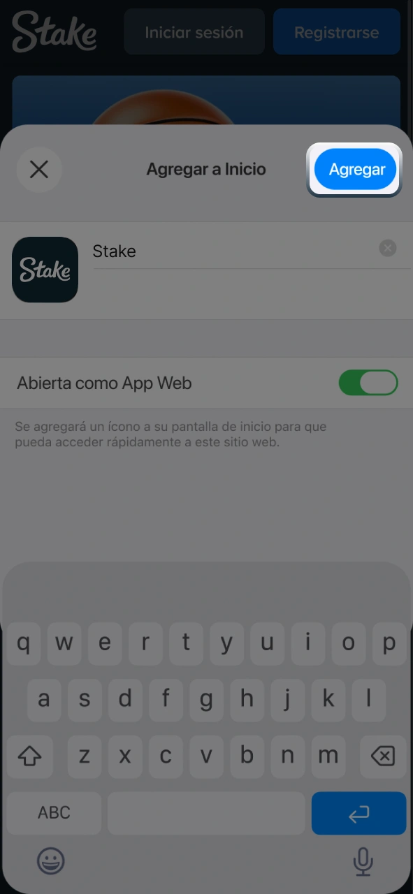 Creá un acceso directo en la pantalla de inicio para la web app de Stake en iOS.