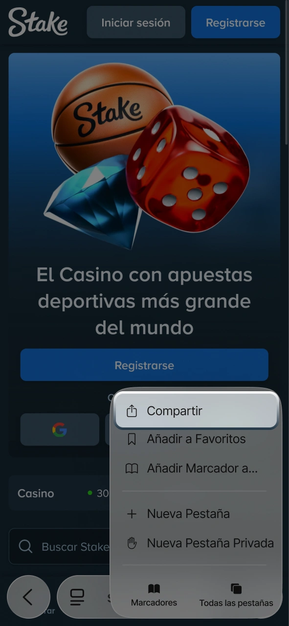 Tocá el botón de compartir en Safari para instalar la app de Stake en iOS.