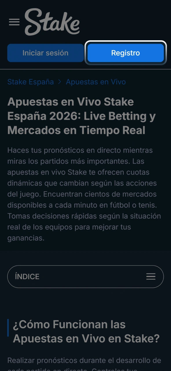 Entrá al sitio web oficial de Stake para acceder a la sección de apuestas en vivo.