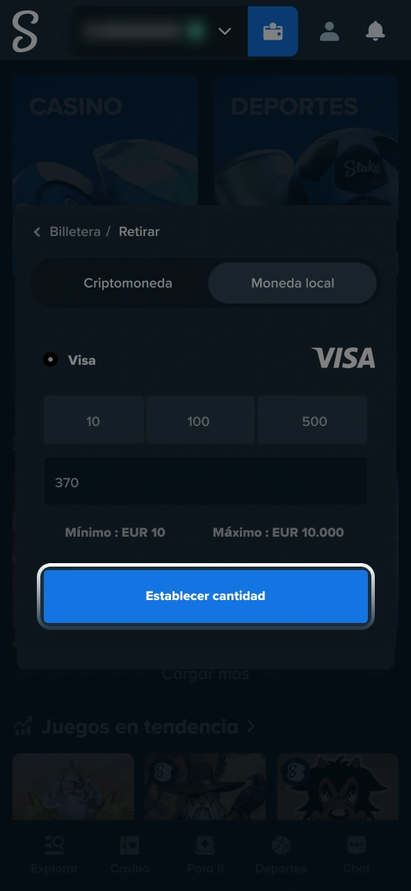 Recargá tu saldo para apostar en los partidos en directo de Stake.
