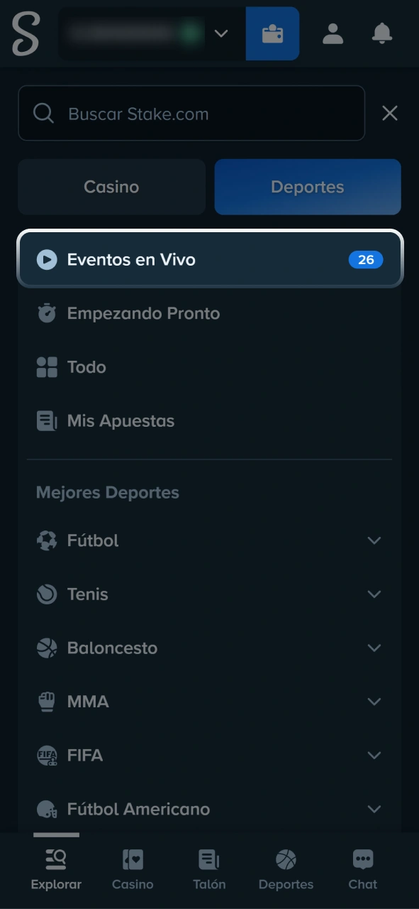 Navegá por el menú de eventos en directo y seleccioná tu partido en Stake.