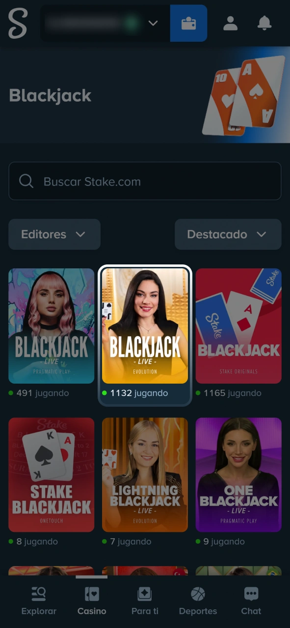 Seleccioná la variante de blackjack que prefieras y unite a la partida en Stake.