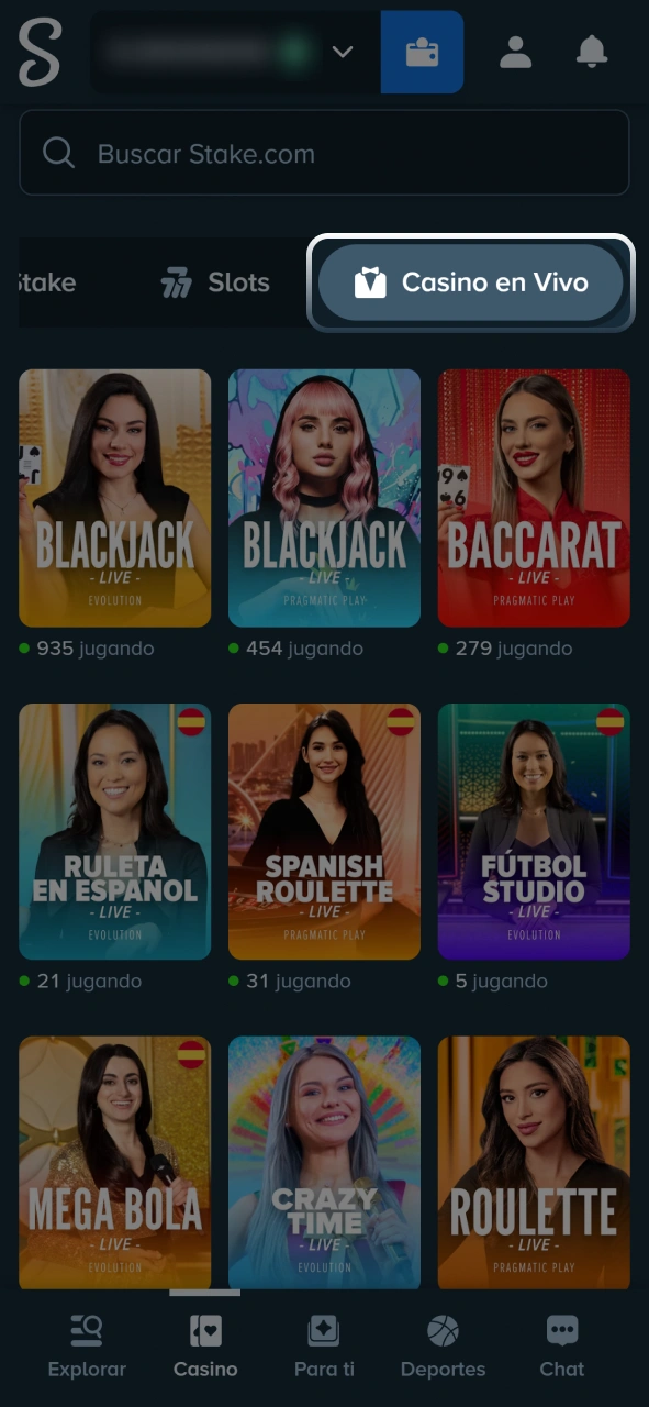 Explorá el lobby de casino en vivo y elegí tu juego interactivo en Stake.