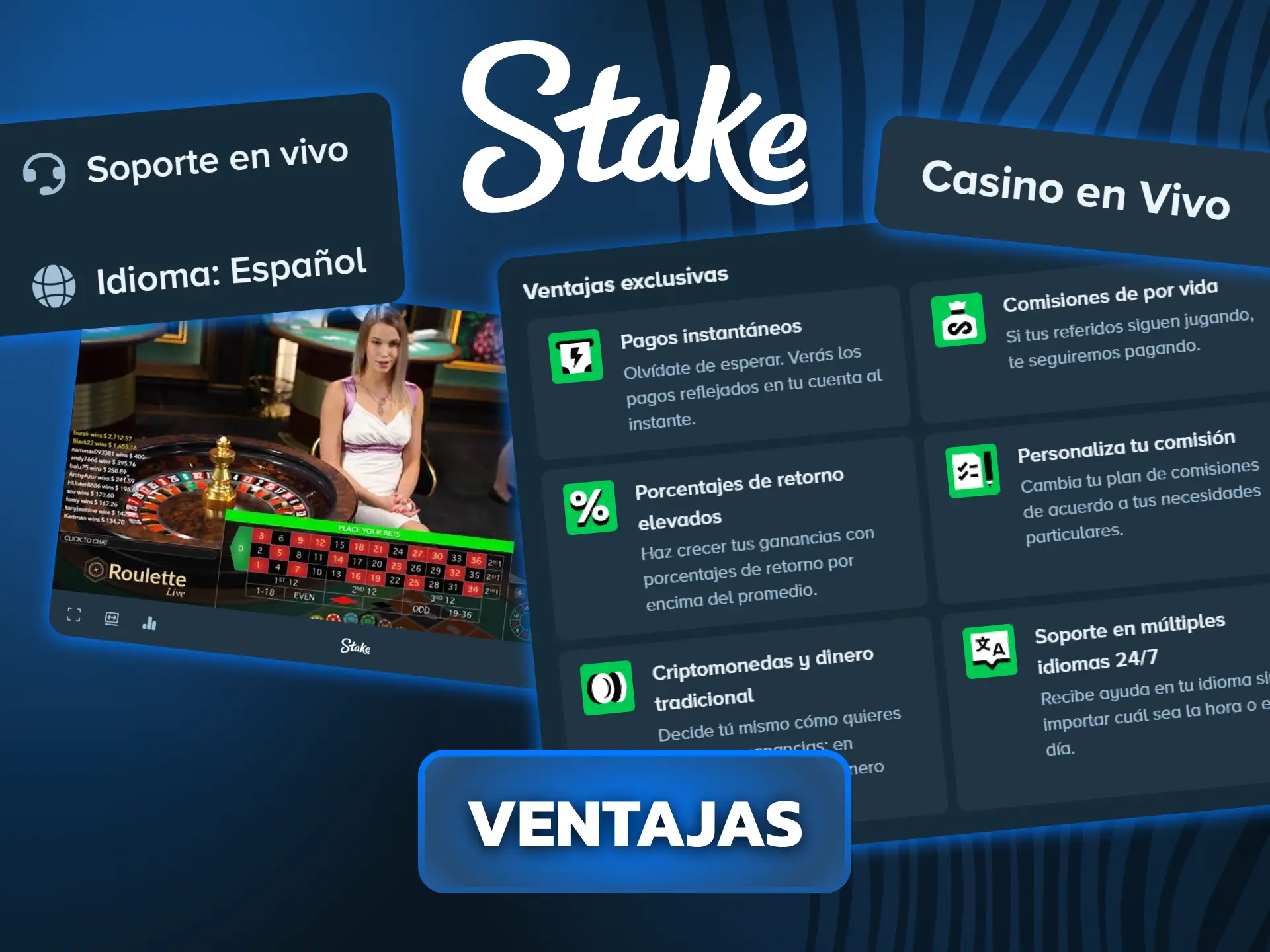 Aprovechá las ventajas exclusivas de jugar con crupieres reales y sumergite en la atmósfera inmersiva del casino en vivo de Stake.