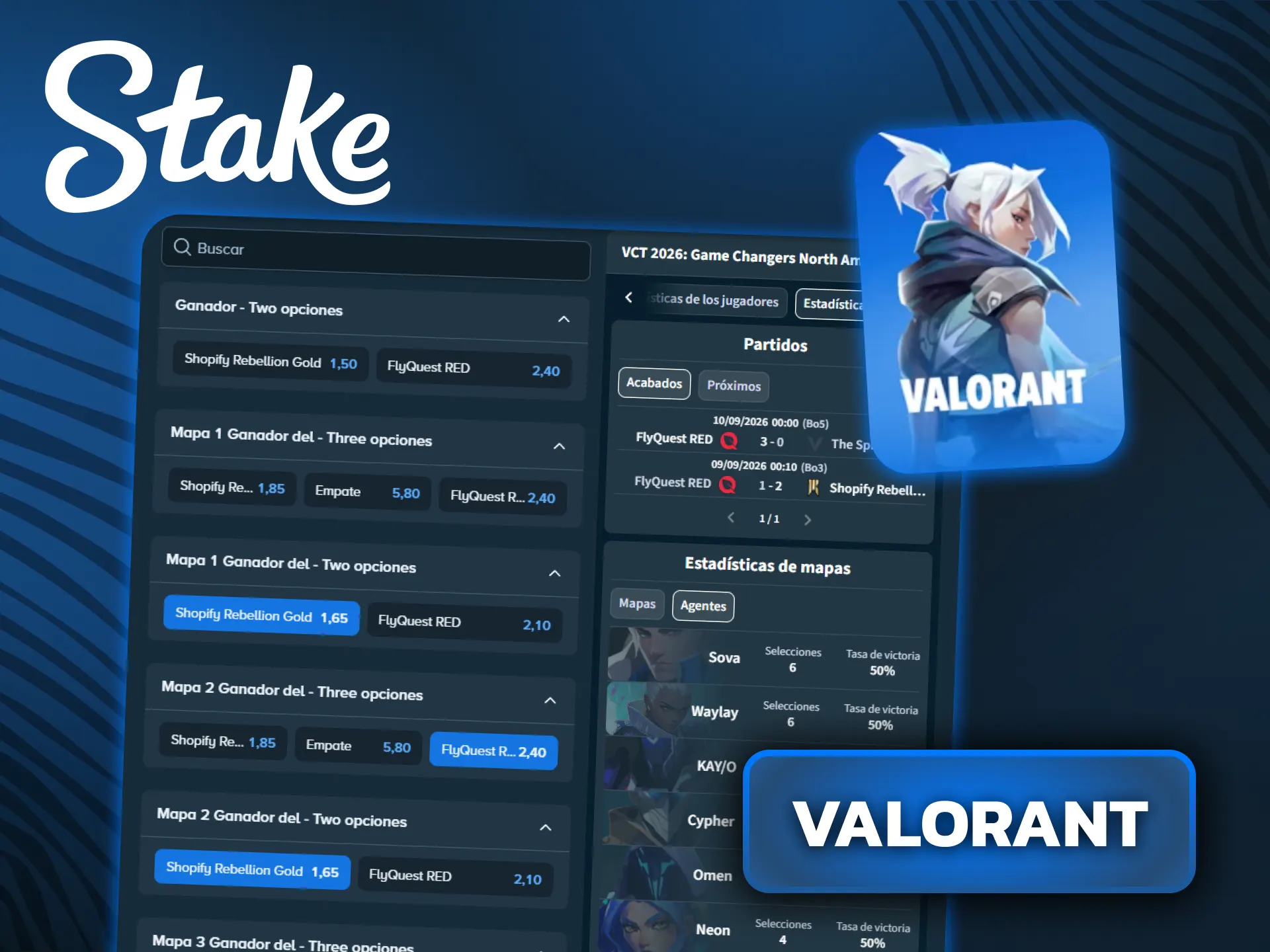 Consultá las cuotas en vivo y apostá en las partidas de Valorant en Stake.