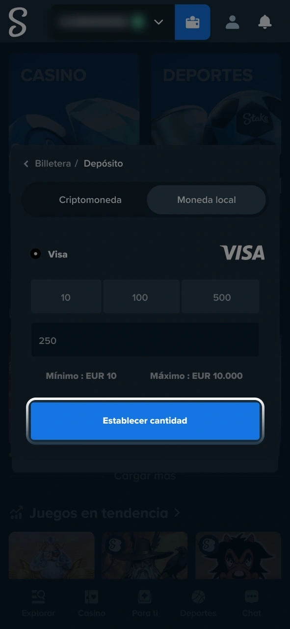 Confirmá la transacción de depósito para acreditar dinero en tu cuenta de Stake.
