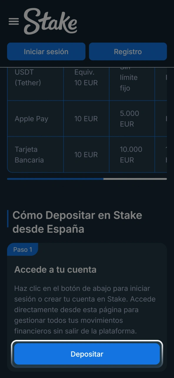Iniciá sesión en tu cuenta antes de realizar un depósito en Stake.