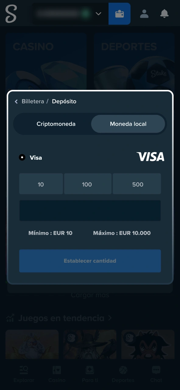 Ingresá el monto que deseas depositar en tu cuenta de Stake.