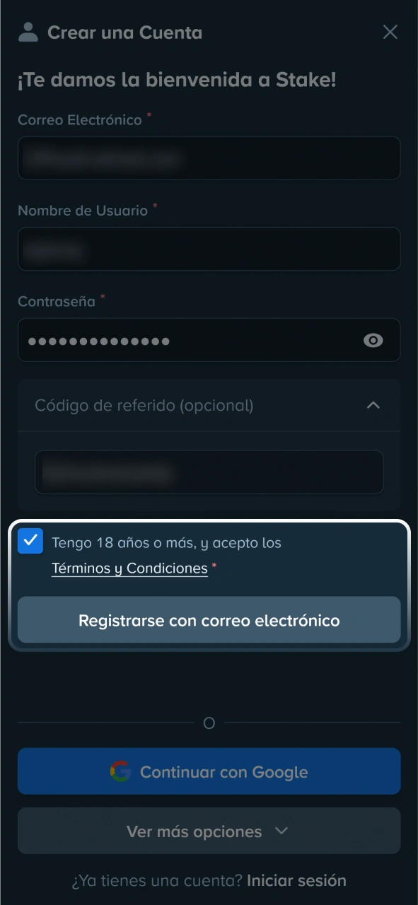 Confirma que has completado tu registro en Stake.