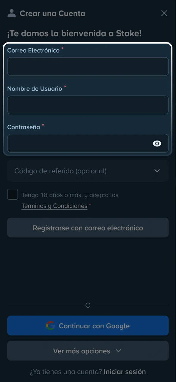 Completá tus datos personales en el formulario de registro de Stake.