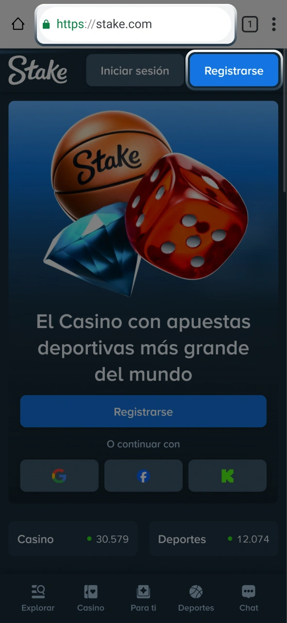 Accedé al sitio web oficial para iniciar tu registro en Stake.