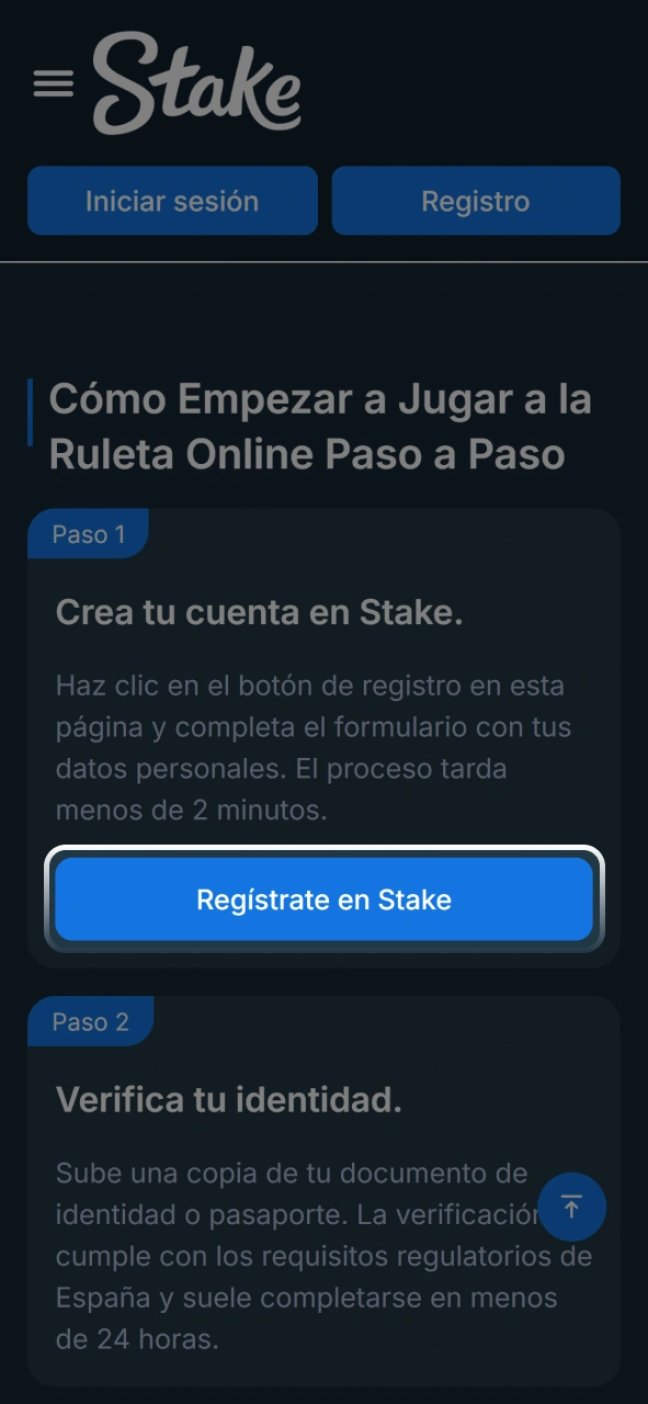 Entrá a tu cuenta de usuario para acceder a las mesas de ruleta en Stake.