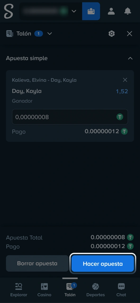 Confirmá tu boleto y realizá tu apuesta en tenis en Stake.