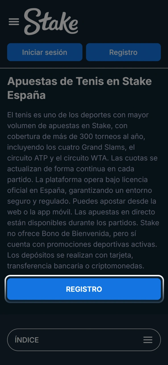 Iniciá sesión en tu cuenta para acceder a los mercados de tenis en Stake.