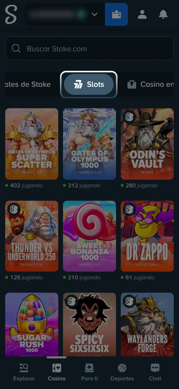 Explorá el lobby principal de tragaperras y filtrá por tus proveedores favoritos en Stake.